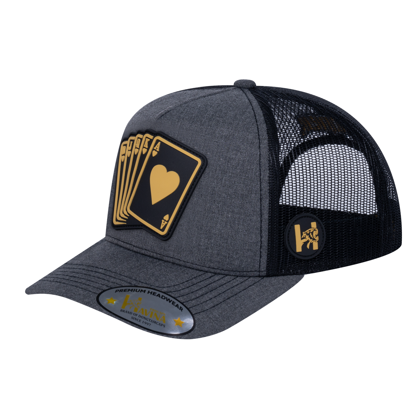 Poker 5-Panel Trucker Hat with Dark Grey Heather front and Black back - POKER1
