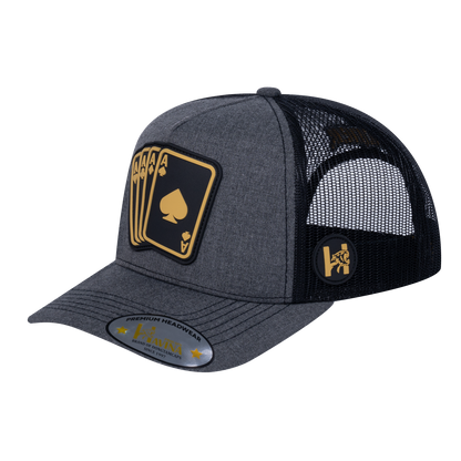 Winner Poker 10JQKA 5-Panel Trucker Hat - Dark Grey Heather front, Black back, WINNER1 - T5-DGHT-B-WINNER1