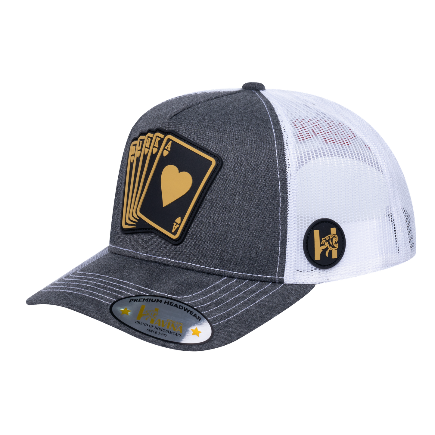 Poker 10JQKA 5-Panel Trucker Hat - Dark Grey Heather front, White back, POKER1 - T5-DGHT-W-POKER1