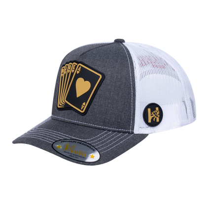 Poker 10JQKA 5-Panel Trucker Hat - Dark Grey Heather front, White back, POKER1 - T5-DGHT-W-POKER1