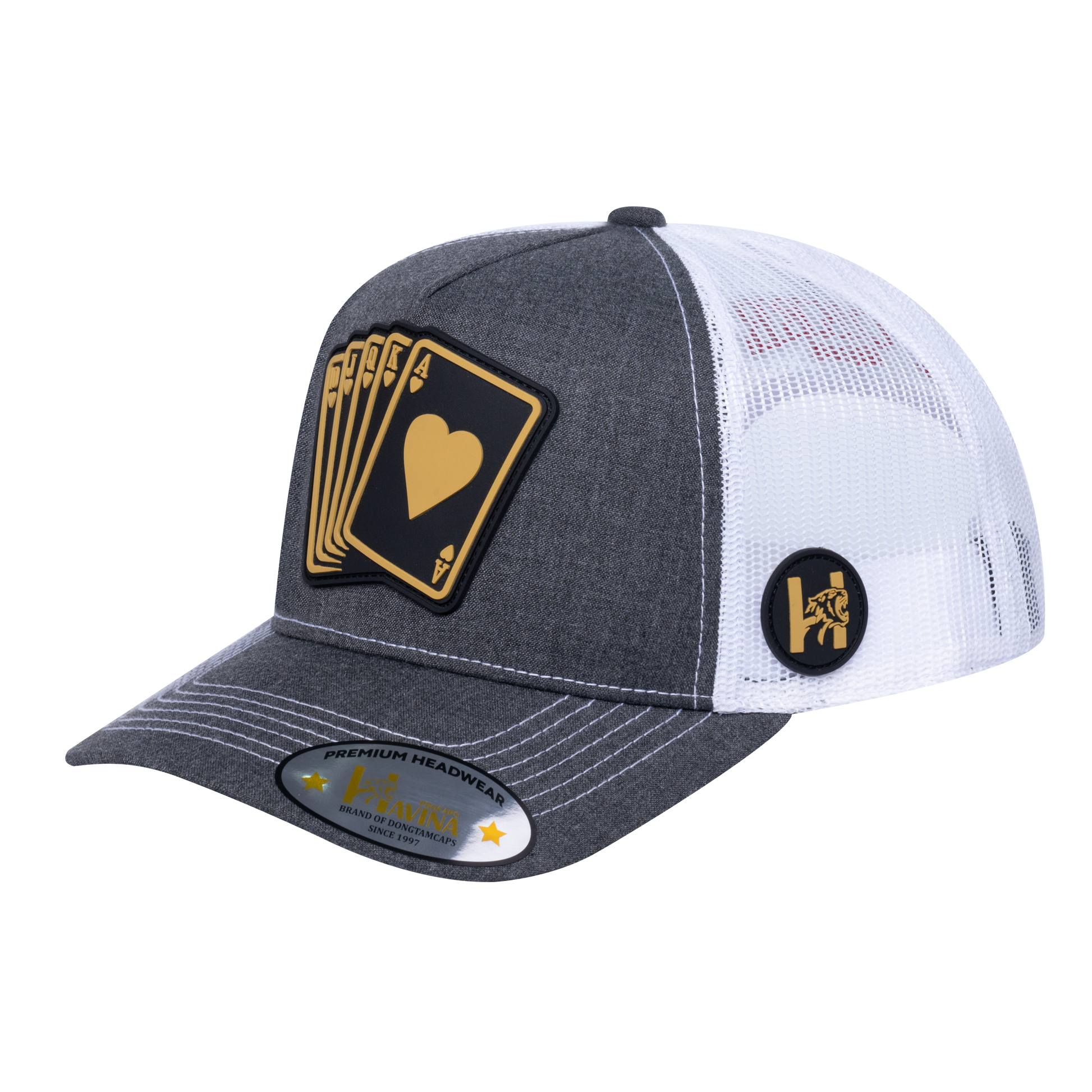 Poker 5-Panel Trucker Hat with Dark Grey Heather front and White back - POKER1