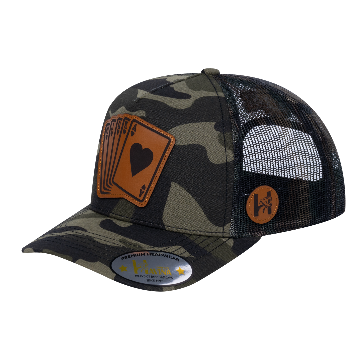 Poker 5-Panel Trucker Hat with Green Camo front and Green Camo back - POKER2