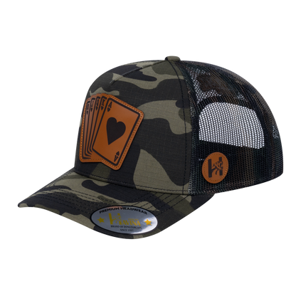 Poker 5-Panel Trucker Hat with Green Camo front and Green Camo back - POKER2