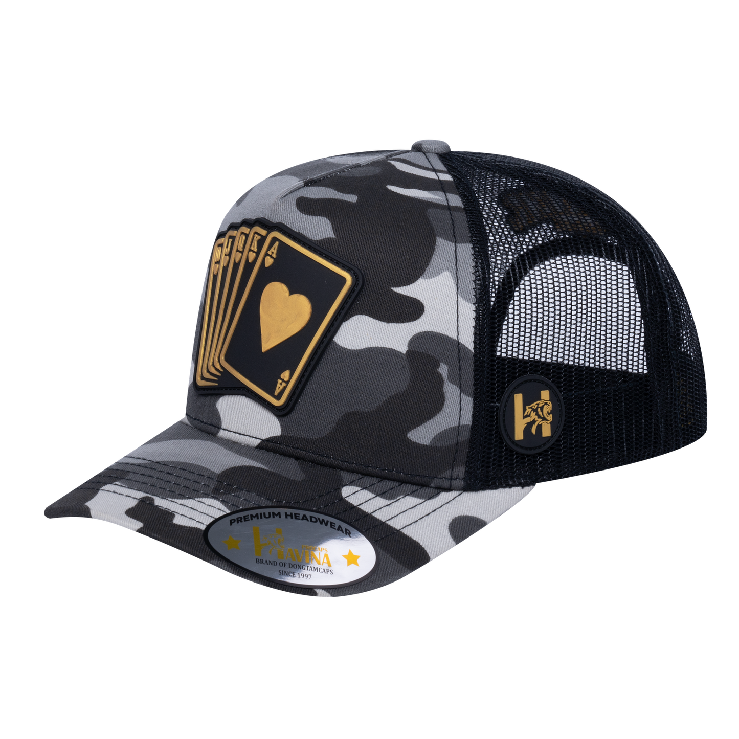 Poker 10JQKA 5-Panel Trucker Hat - Grey Camo front, Black back, POKER1 - T5-GREYCM-B-POKER1