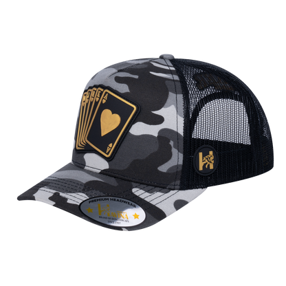 Poker 10JQKA 5-Panel Trucker Hat - Grey Camo front, Black back, POKER1 - T5-GREYCM-B-POKER1