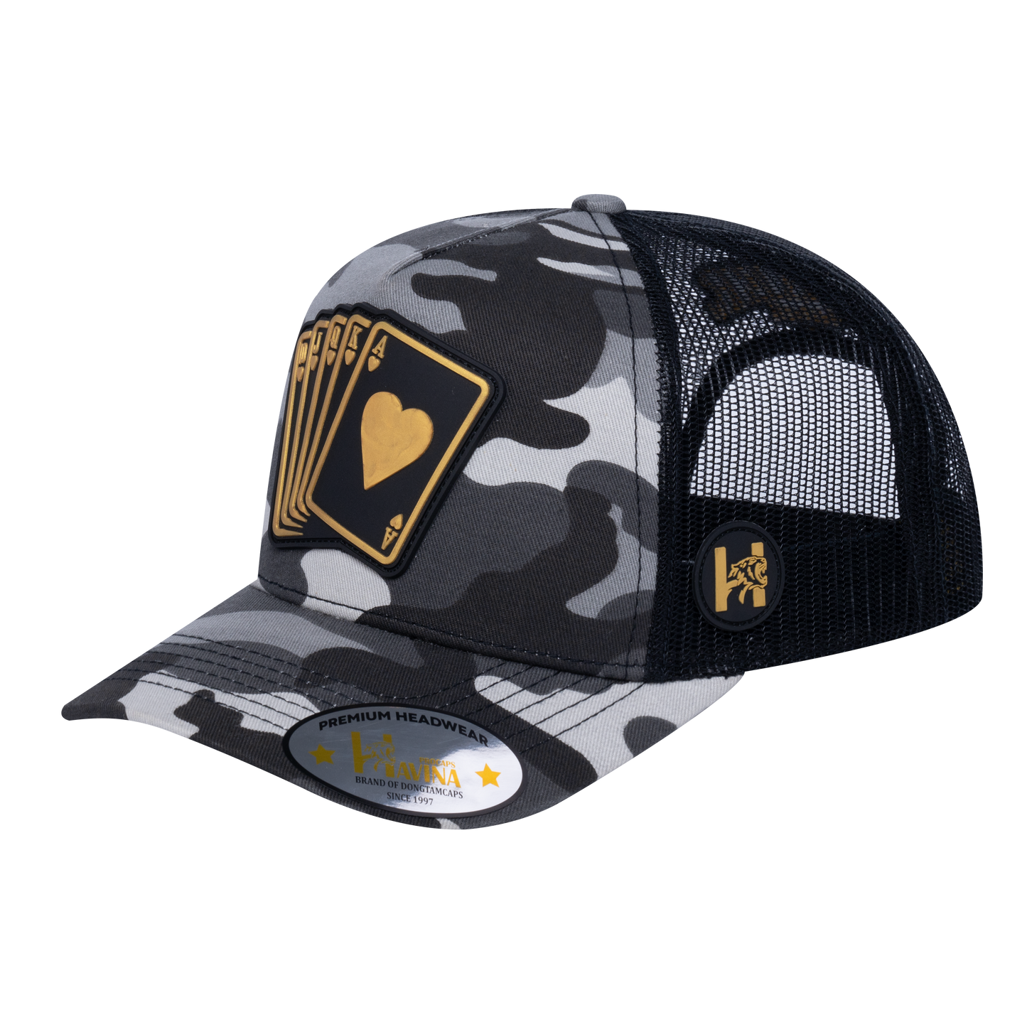 Poker 5-Panel Trucker Hat with Grey Camo front and Black back - POKER1
