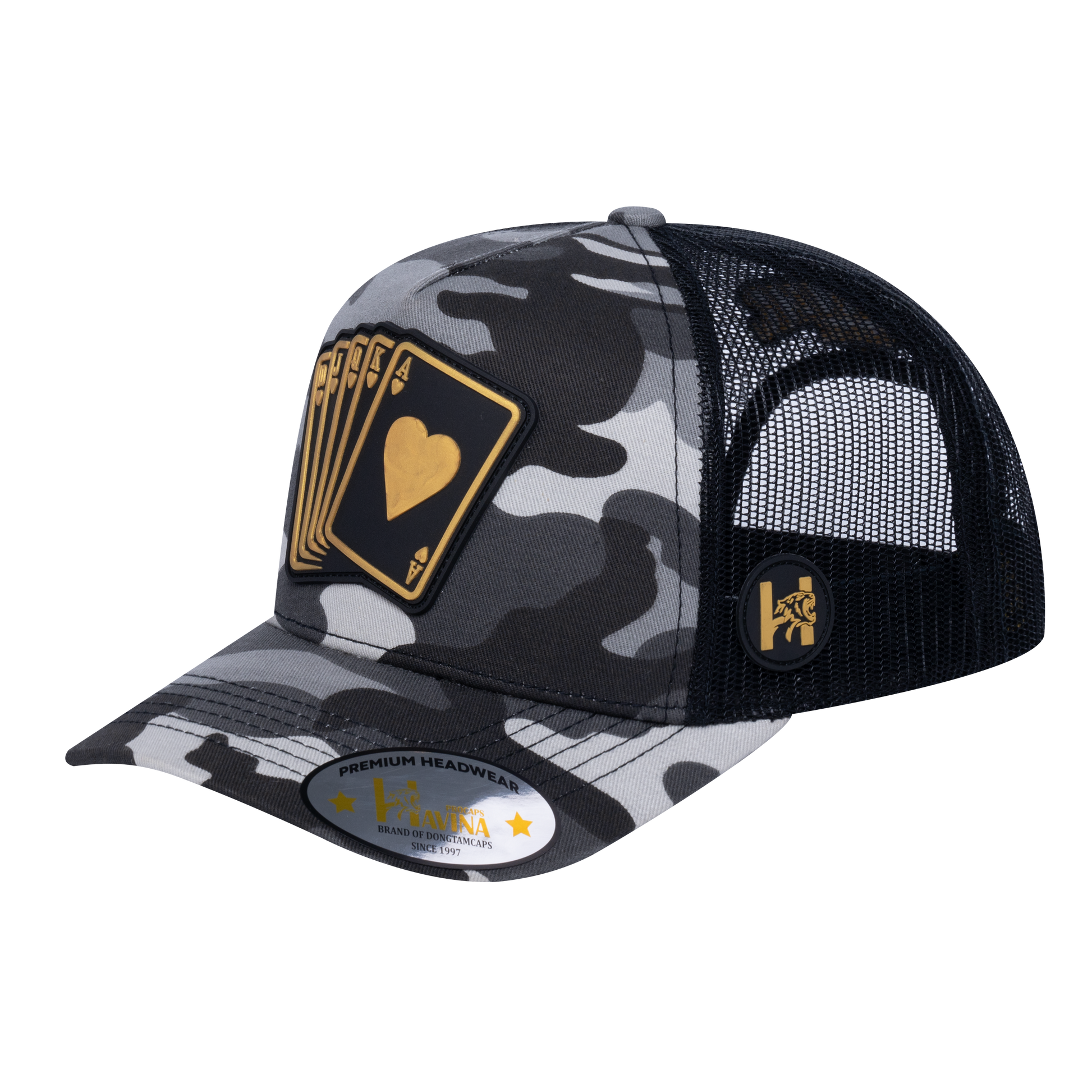 Poker 5-Panel Trucker Hat with Grey Camo front and Black back - POKER1