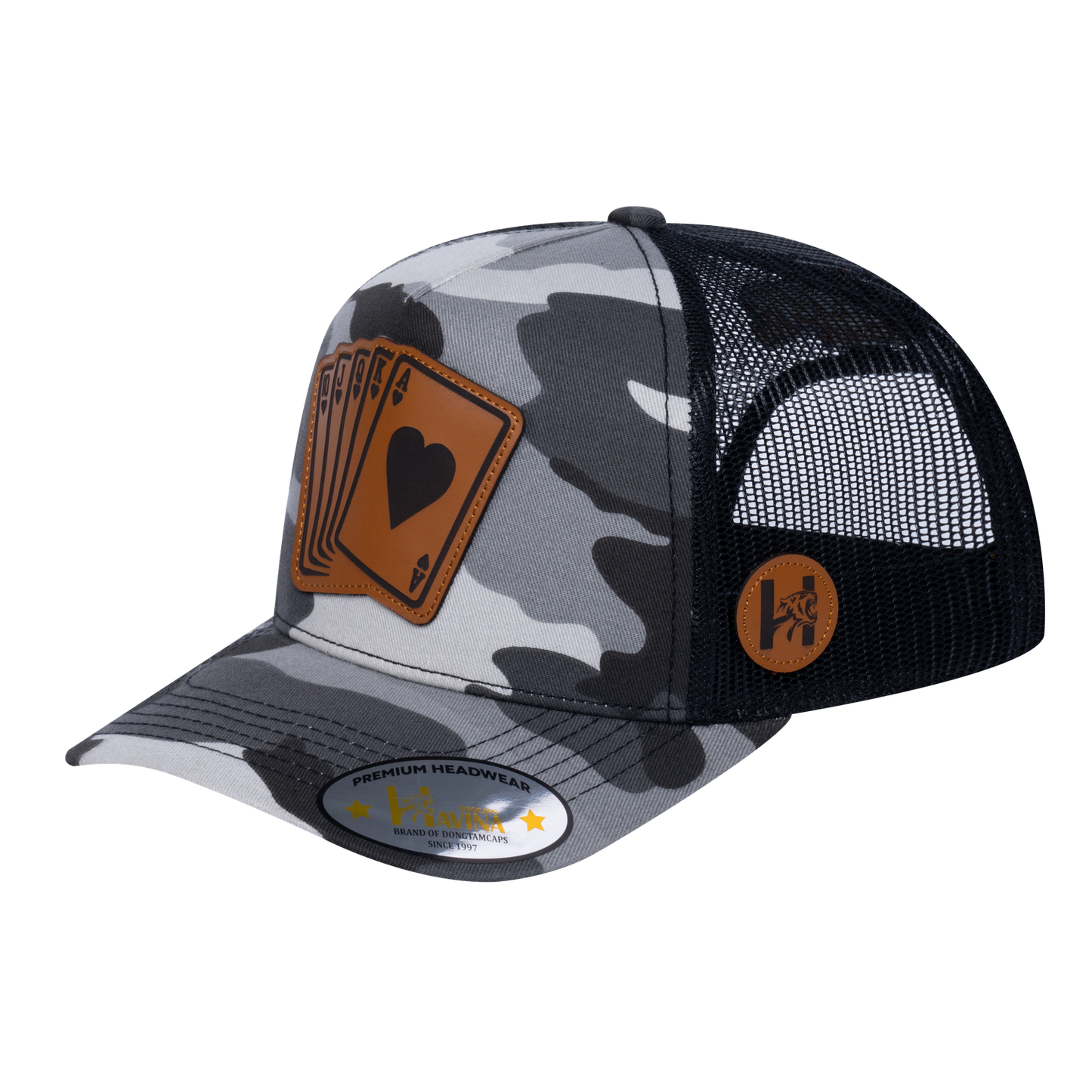 Poker 10JQKA 5-Panel Trucker Hat - Grey Camo front, Black back, POKER2 - T5-GREYCM-B-POKER2