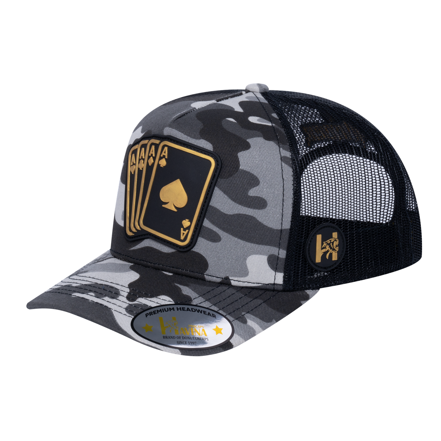 Winner Poker 10JQKA 5-Panel Trucker Hat - Grey Camo front, Black back, WINNER1 - T5-GREYCM-B-WINNER1