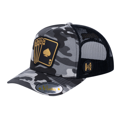 Winner 5-Panel Trucker Hat with Grey Camo front and Black back - WINNER1