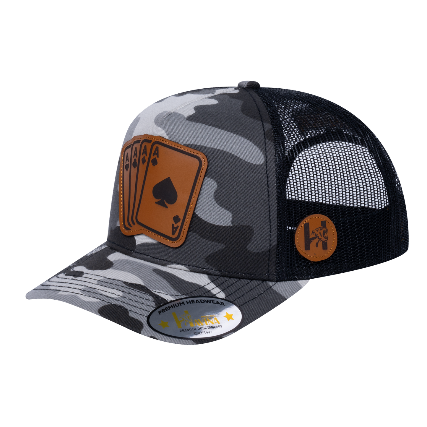Winner Poker 10JQKA 5-Panel Trucker Hat - Grey Camo front, Black back, WINNER2 - T5-GREYCM-B-WINNER2