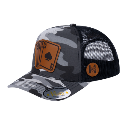 Winner Poker 10JQKA 5-Panel Trucker Hat - Grey Camo front, Black back, WINNER2 - T5-GREYCM-B-WINNER2
