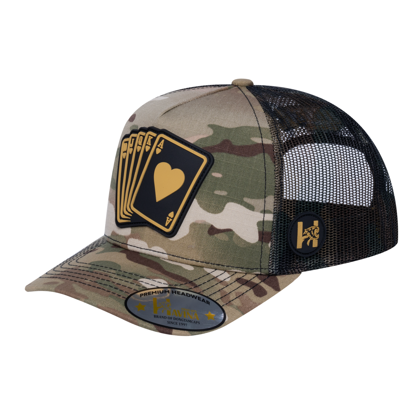 Poker 10JQKA 5-Panel Trucker Hat - Khaki Camo front, Green Camo back, POKER1 - T5-KHAKICM1-GREENCM-POKER1