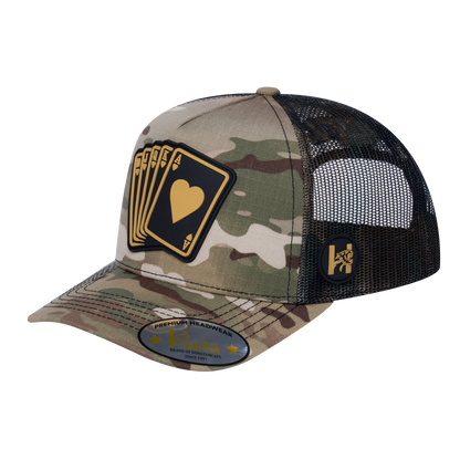 Poker 10JQKA 5-Panel Trucker Hat - Khaki Camo front, Green Camo back, POKER1 - T5-KHAKICM1-GREENCM-POKER1