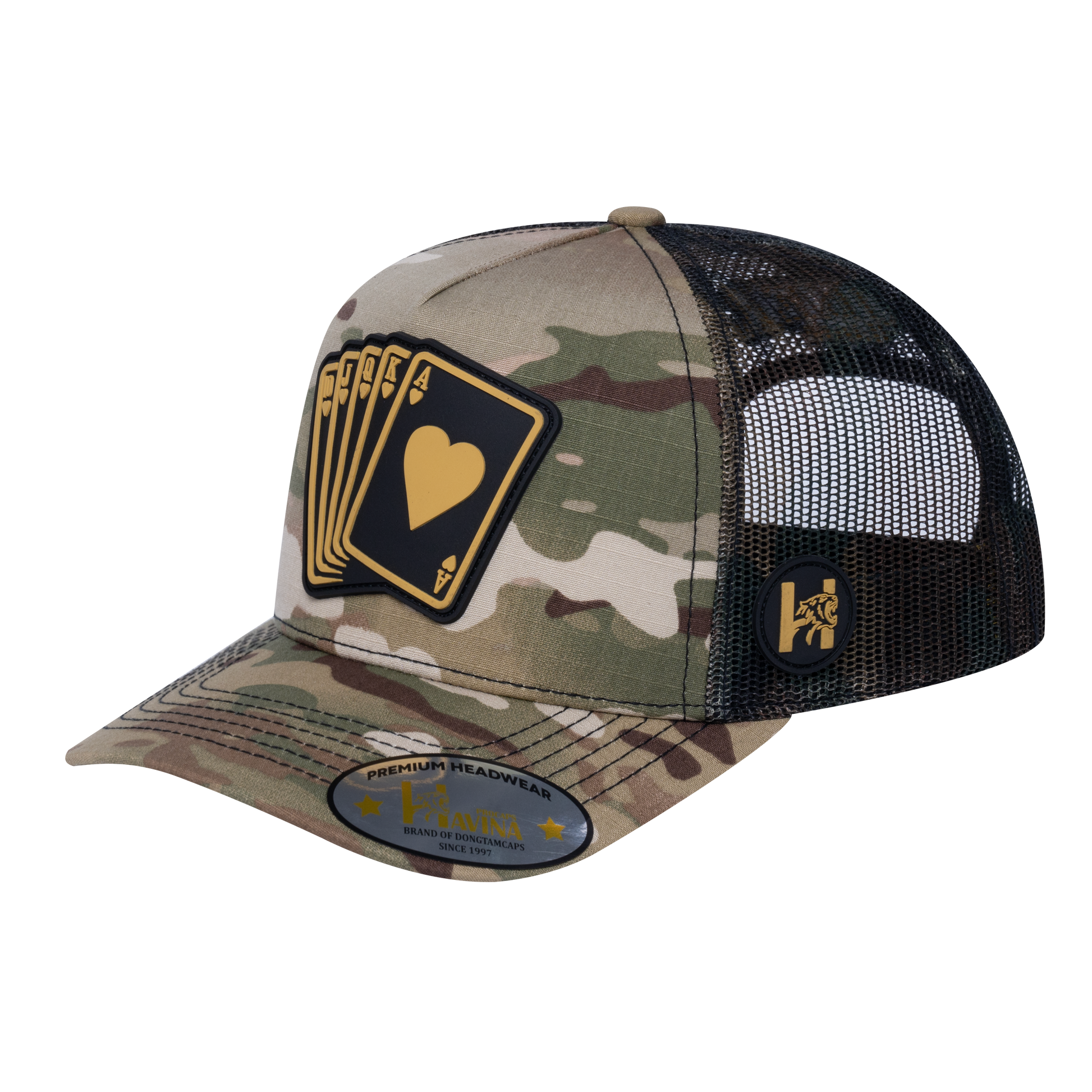 Poker 5-Panel Trucker Hat with Khaki Camo front and Green Camo back - POKER1