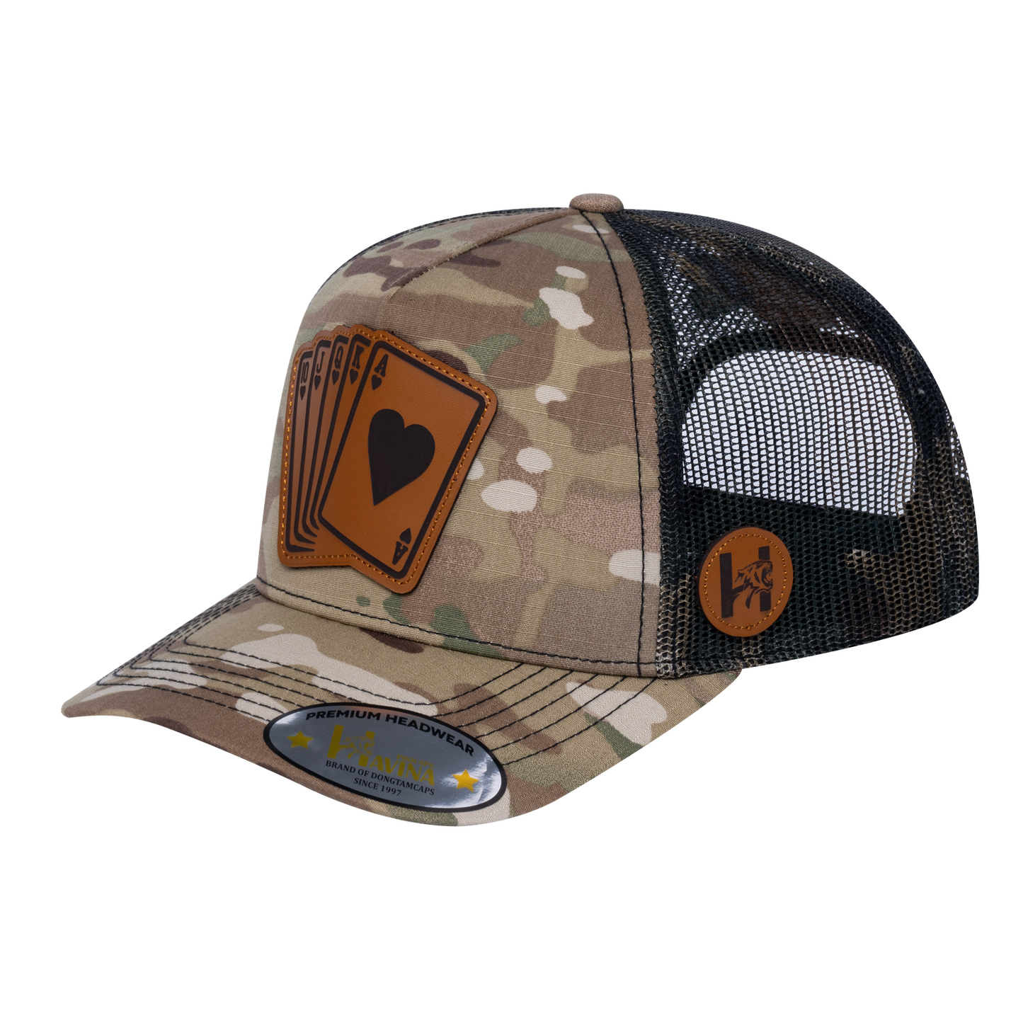 Poker 10JQKA 5-Panel Trucker Hat - Khaki Camo front, Green Camo back, POKER2 - T5-KHAKICM1-GREENCM-POKER2