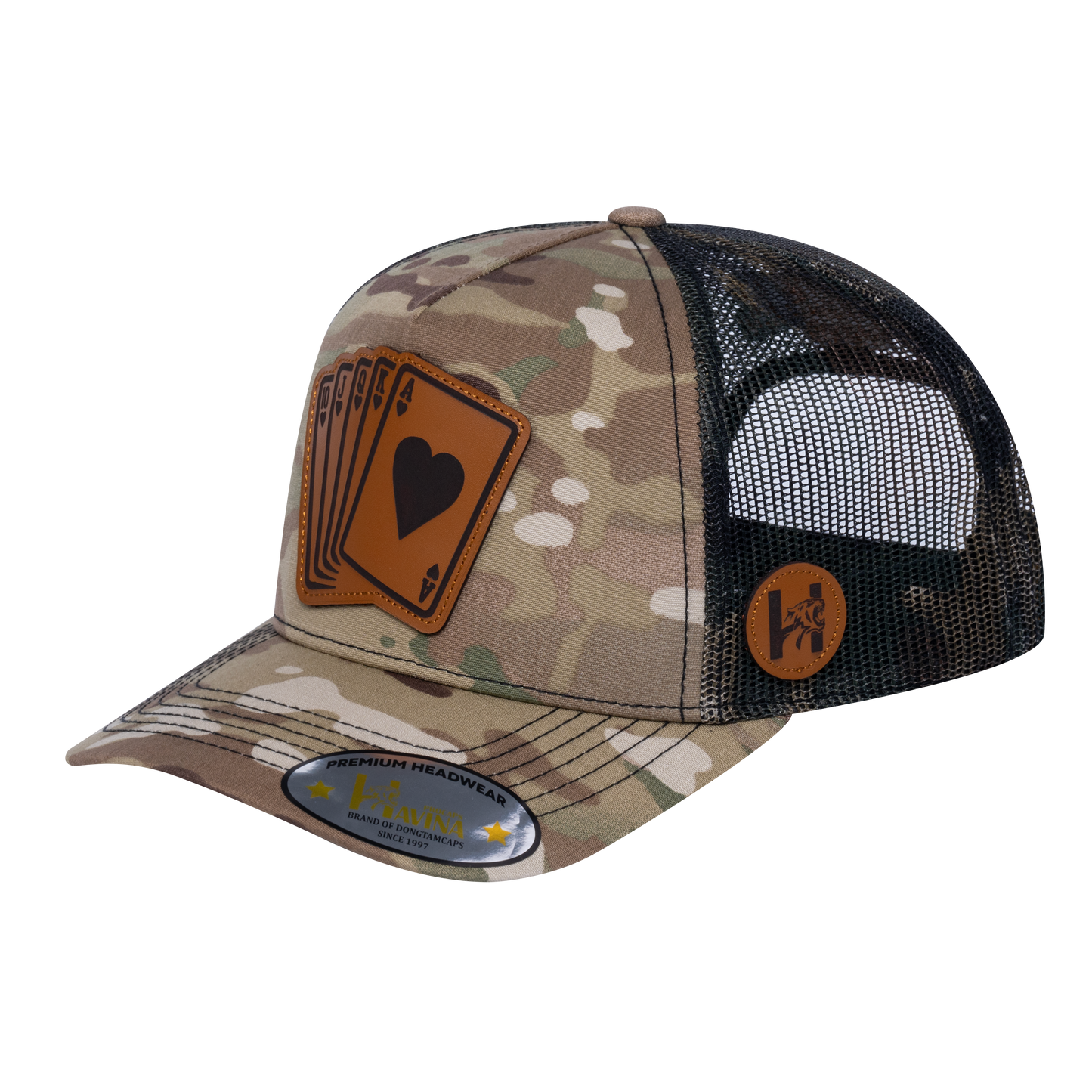 Poker 5-Panel Trucker Hat with Khaki Camo front and Green Camo back - POKER2
