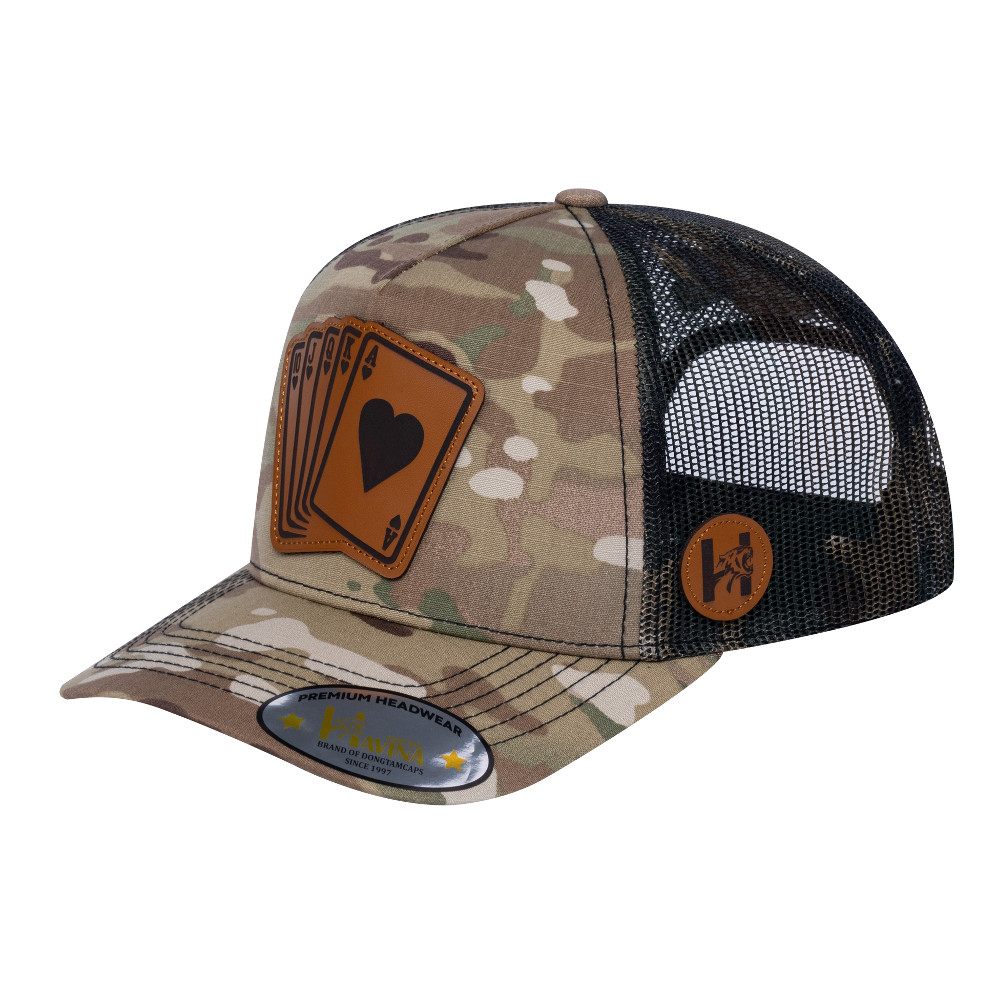 Poker 5-Panel Trucker Hat with Khaki Camo front and Green Camo back - POKER2
