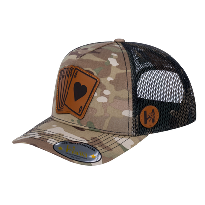 Poker 5-Panel Trucker Hat with Khaki Camo front and Green Camo back - POKER2