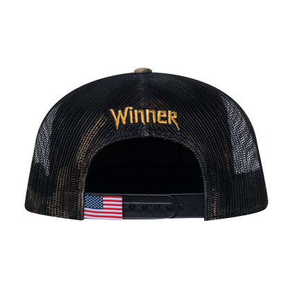 Winner Poker 10JQKA 5-Panel Trucker Hat - Khaki Camo front, Green Camo back, WINNER1 - T5-KHAKICM1-GREENCM-WINNER1