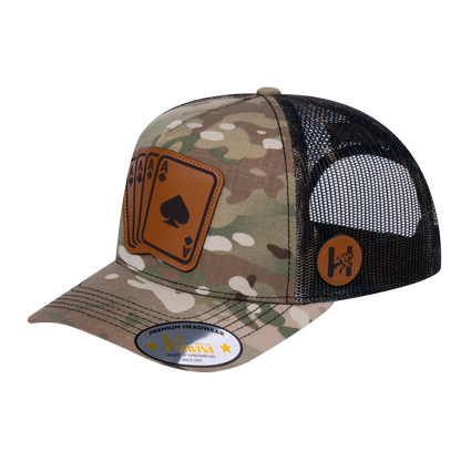 Winner Poker 10JQKA 5-Panel Trucker Hat - Khaki Camo front, Green Camo back, WINNER2 - T5-KHAKICM1-GREENCM-WINNER2