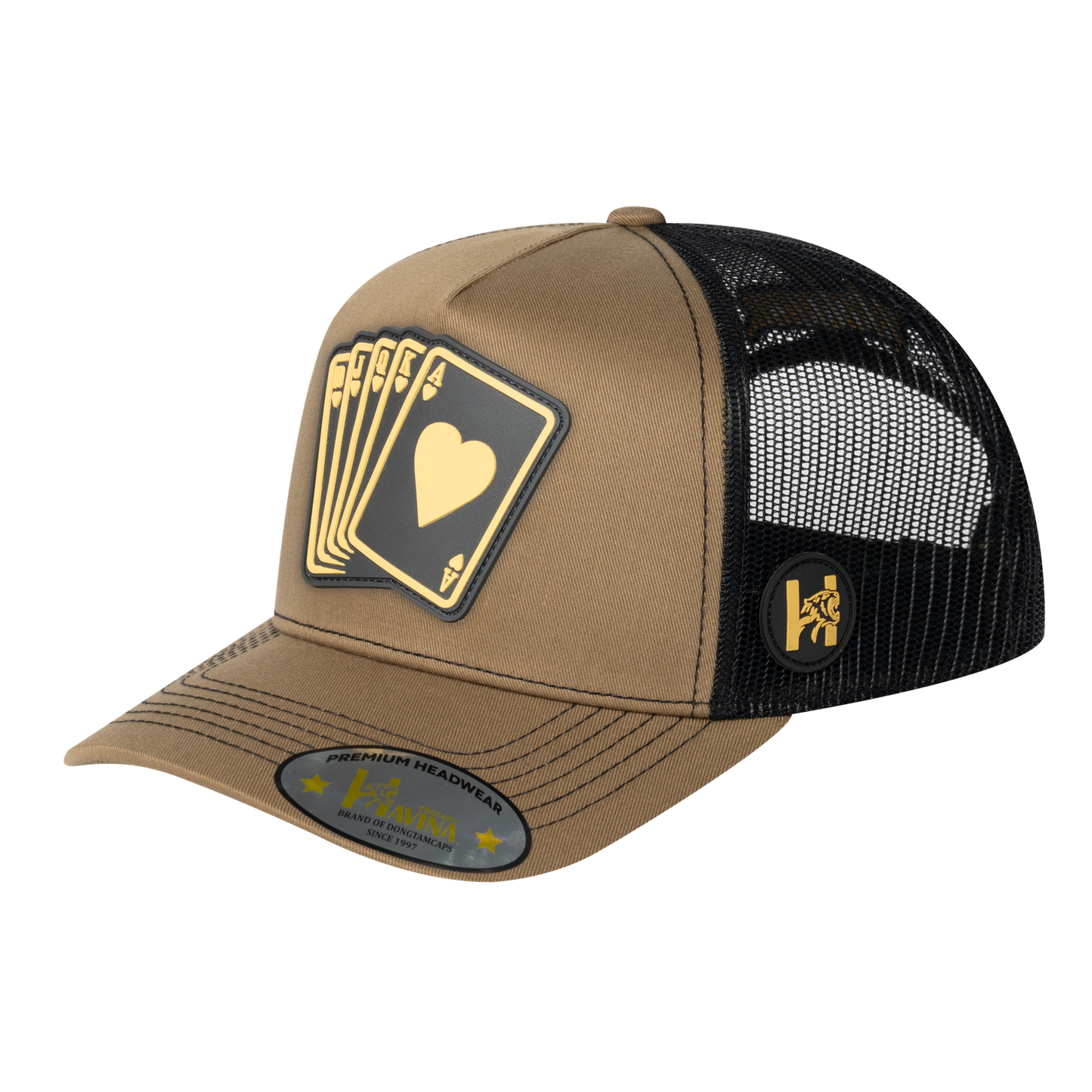 Poker 10JQKA 5-Panel Trucker Hat - Light Brown front, Black back, POKER1 - T5-LBTC-B-POKER1