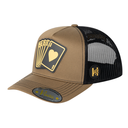 Poker 10JQKA 5-Panel Trucker Hat - Light Brown front, Black back, POKER1 - T5-LBTC-B-POKER1