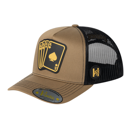 Winner Poker 10JQKA 5-Panel Trucker Hat - Light Brown front, Black back, WINNER1 - T5-LBTC-B-WINNER1