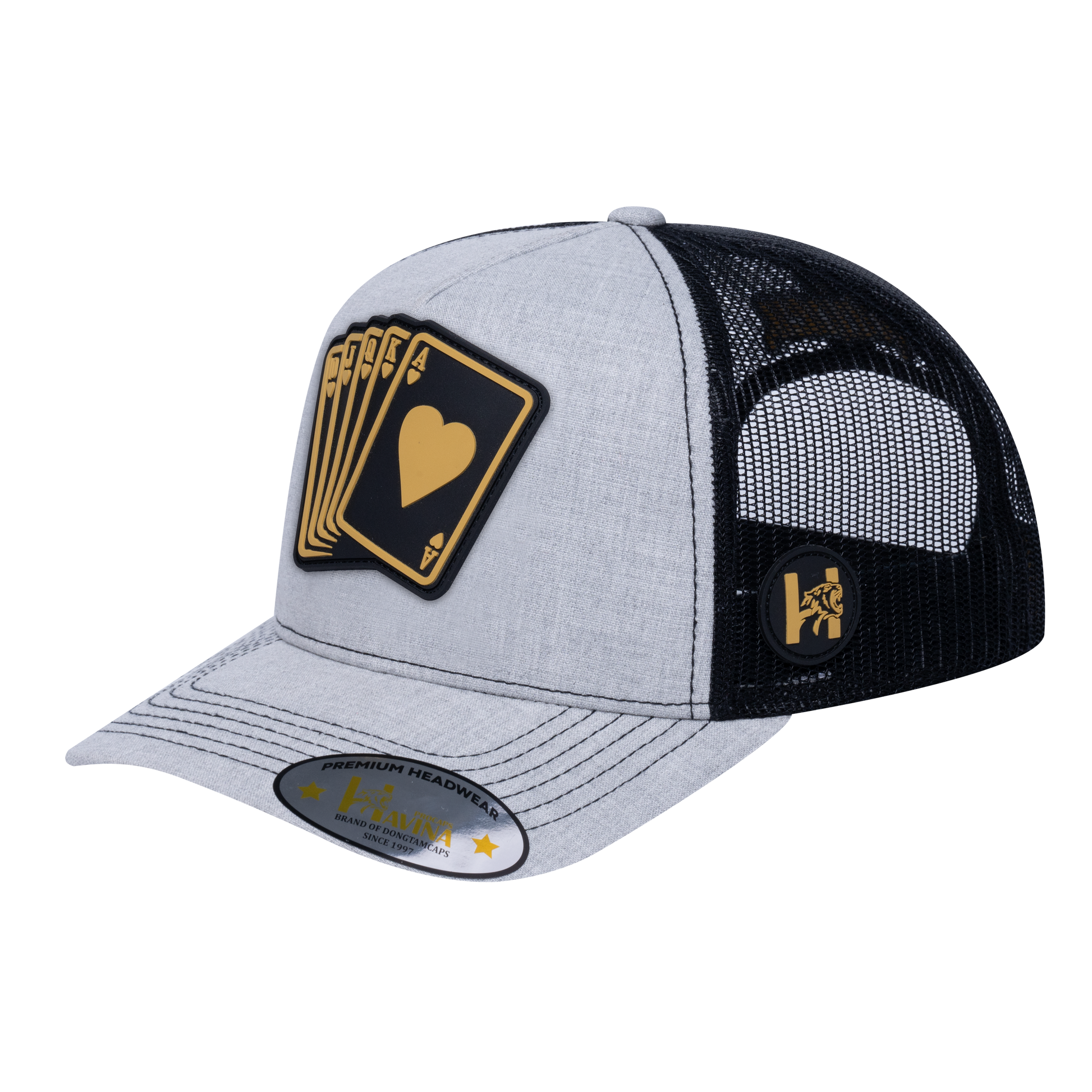 Poker 5-Panel Trucker Hat with Light Grey Heather front and Black back - POKER1