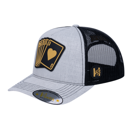 Poker 5-Panel Trucker Hat with Light Grey Heather front and Black back - POKER1