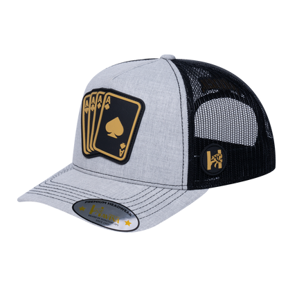 Winner Poker 10JQKA 5-Panel Trucker Hat - Light Grey Heather front, Black back, WINNER1 - T5-LGHT-B-WINNER1
