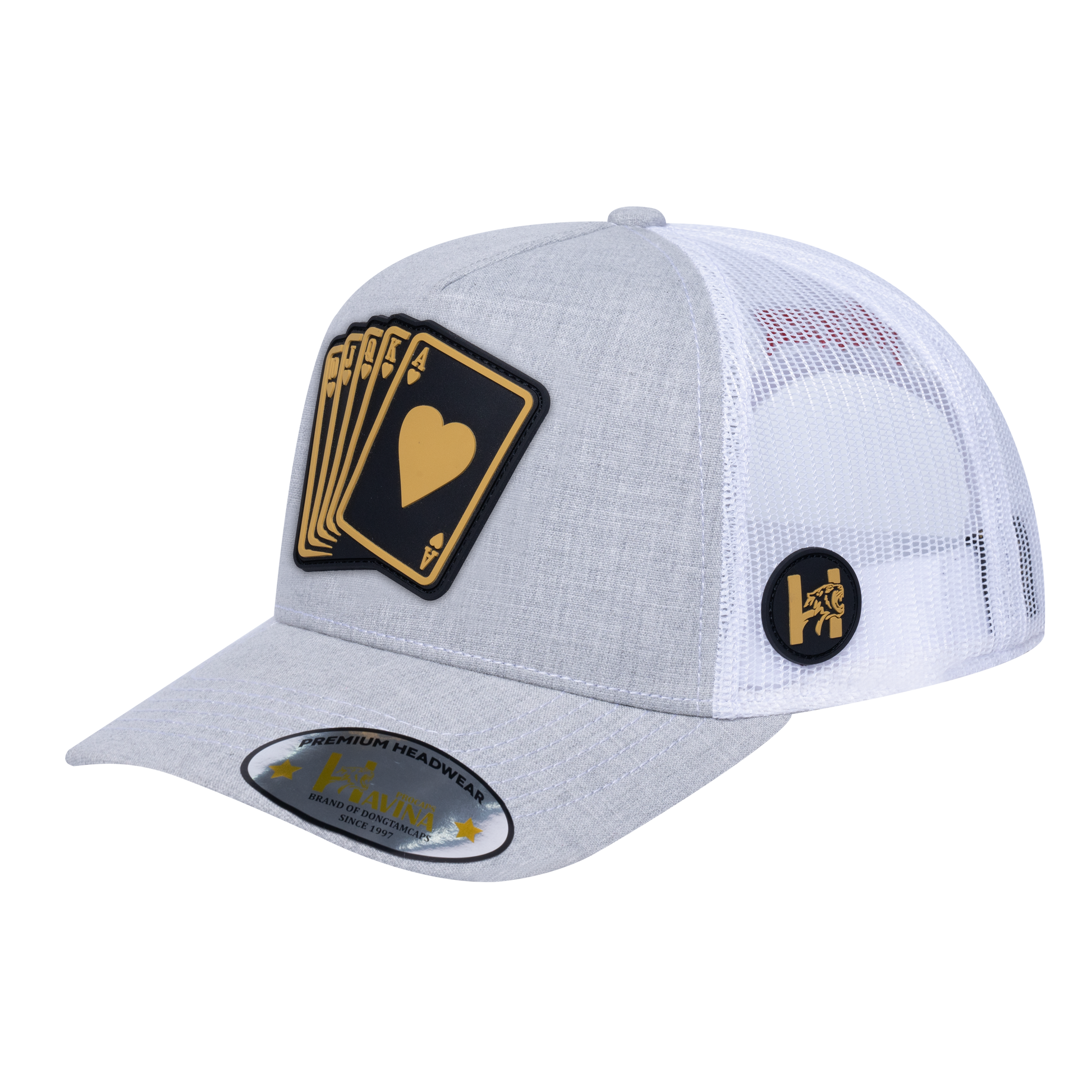 Poker 5-Panel Trucker Hat with Light Grey Heather front and White back - POKER1