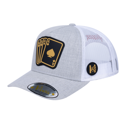 Winner Poker 10JQKA 5-Panel Trucker Hat - Light Grey Heather front, White back, WINNER1 - T5-LGHT-W-WINNER1