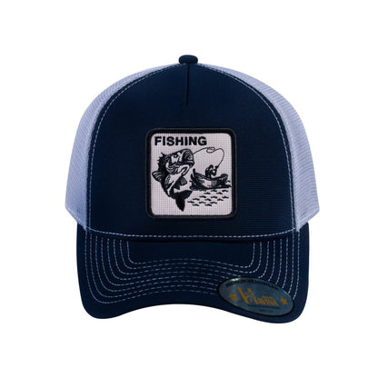 Fishing V2 5-Panel Trucker Hat with Navy front and Light Grey back
