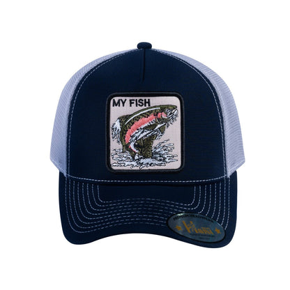 Salmon V2 5-Panel Trucker Hat with Navy front and Light Grey back