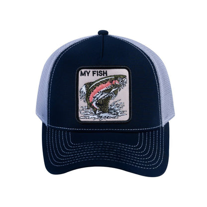 Salmon V2 5-Panel Trucker Hat with Navy front and Light Grey back