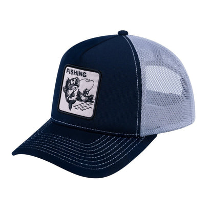 Fishing V2 5-Panel Trucker Hat with Navy front and Light Grey back