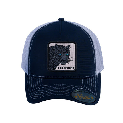 Leopard V2 5-Panel Trucker Hat with Navy front and Light Grey back