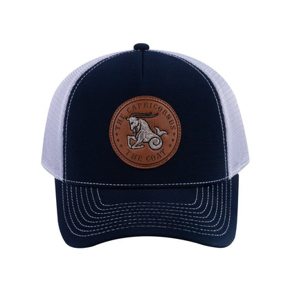 Capricorn Zodiac V2 5-Panel Trucker Hat with Navy front and Light Grey back