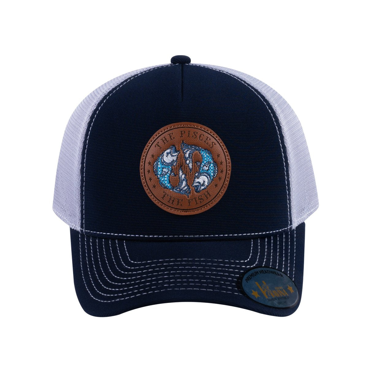 Pisces Zodiac V2 5-Panel Trucker Hat with Navy front and Light Grey back