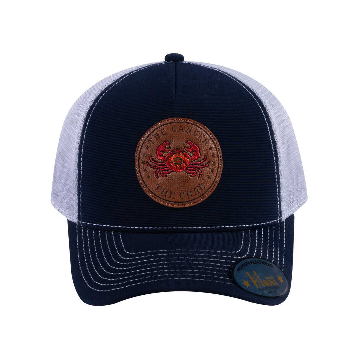 Cancer Zodiac V2 5-Panel Trucker Hat with Navy front and Light Grey back