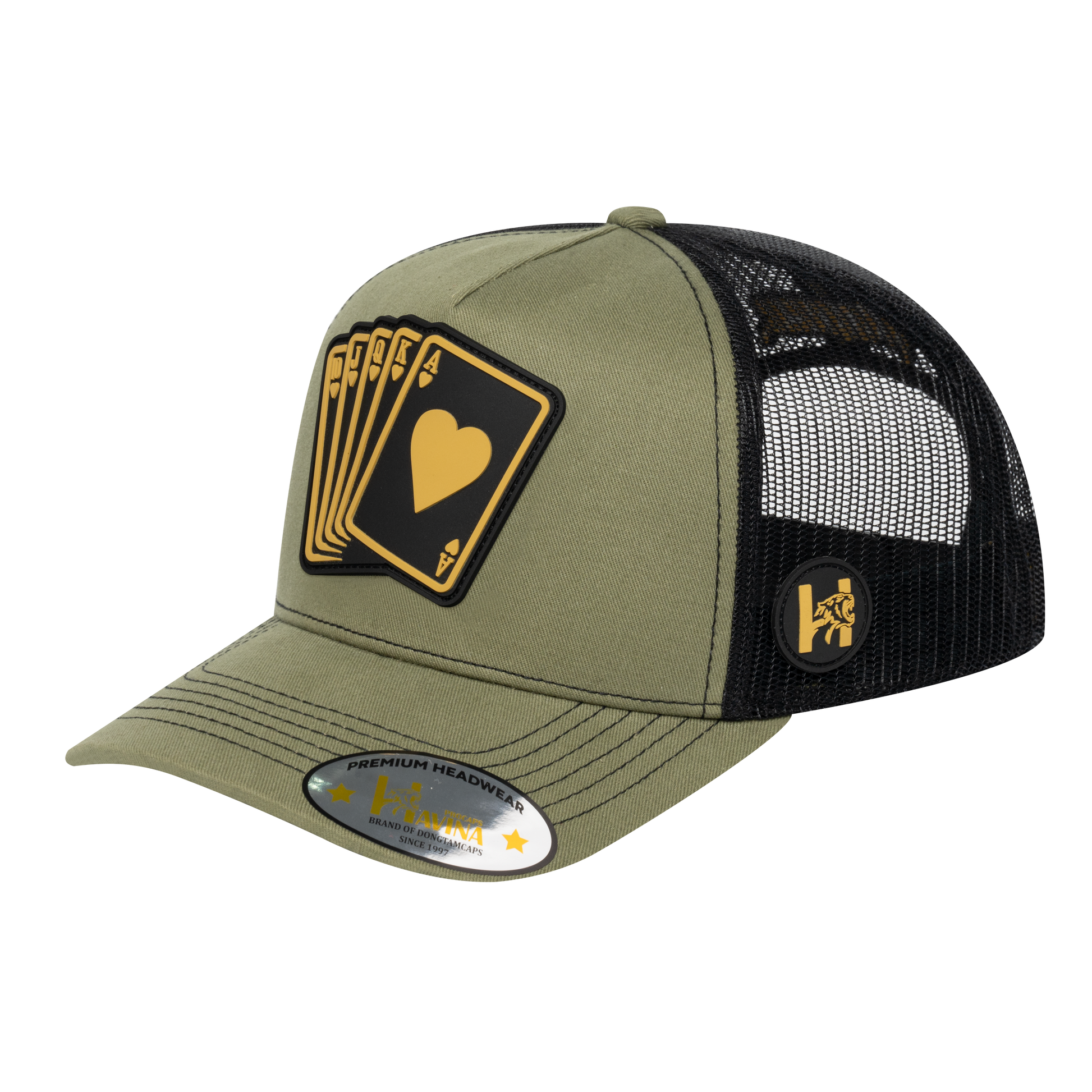 Poker 5-Panel Trucker Hat with Olive front and Black back - POKER1