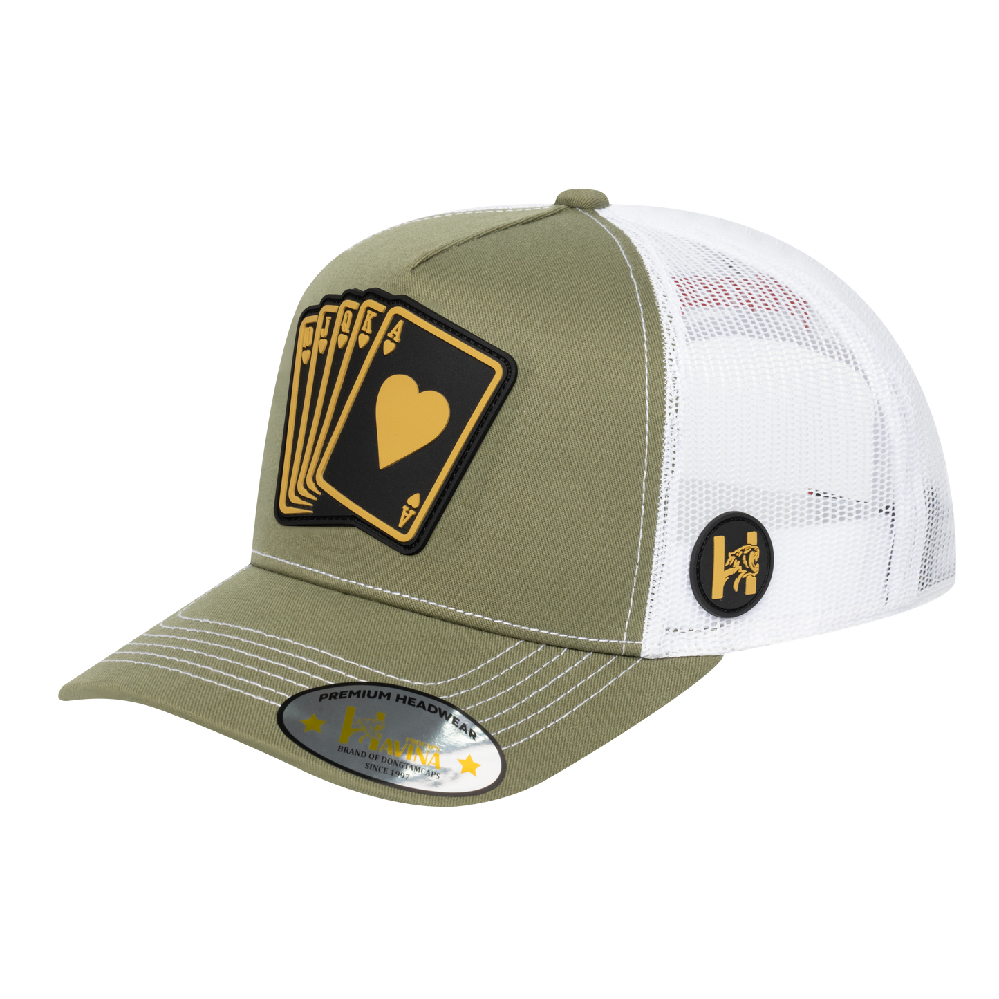 Poker 5-Panel Trucker Hat with Olive front and White back - POKER1