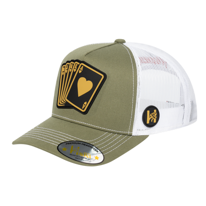 Poker 5-Panel Trucker Hat with Olive front and White back - POKER1