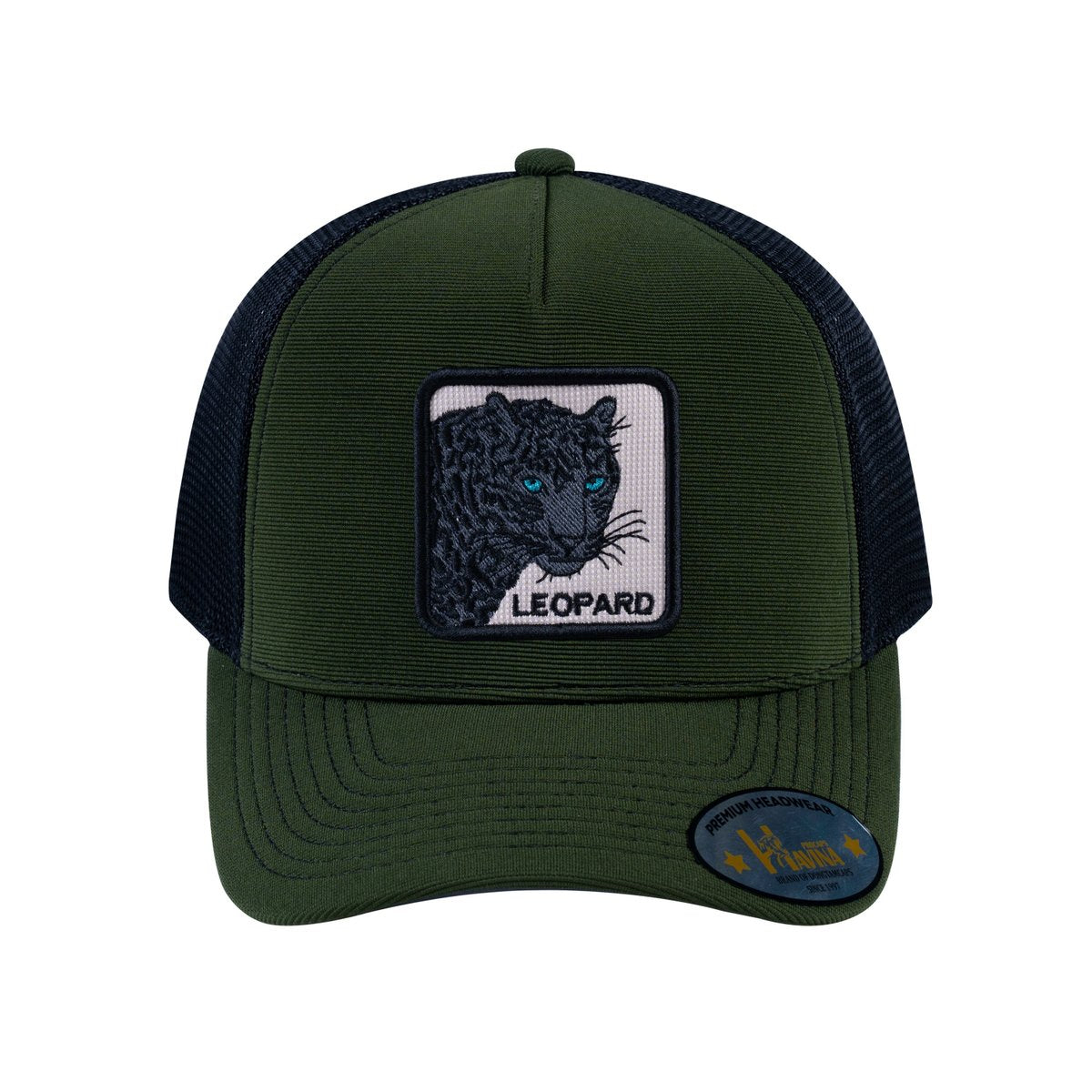 Leopard V2 5-Panel Trucker Hat with Olive front and Black back