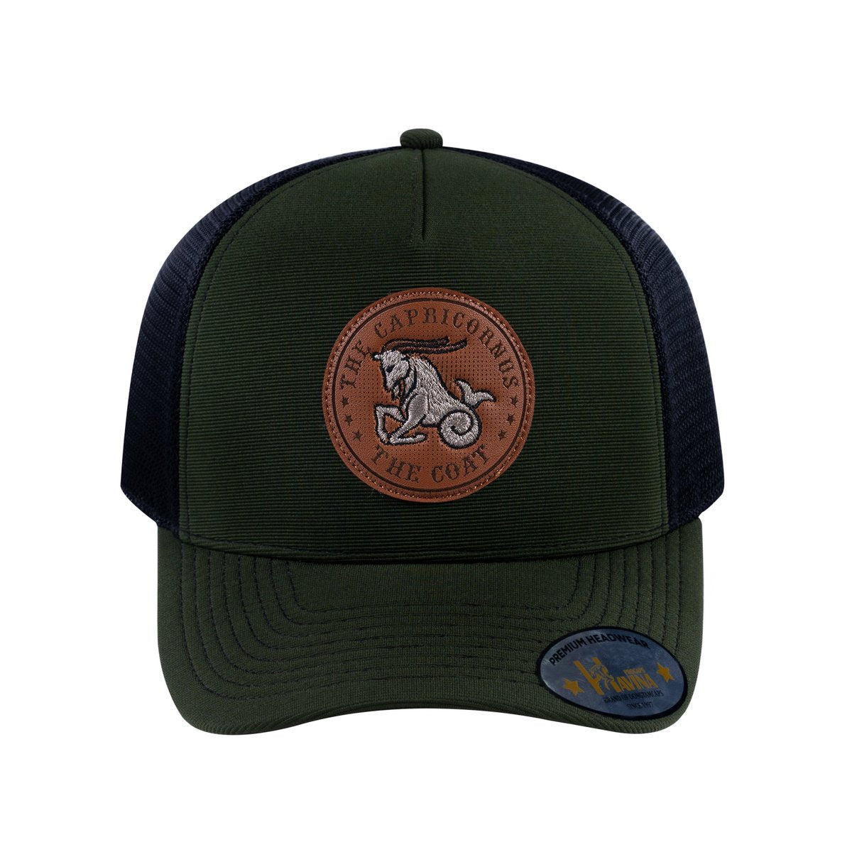 Capricorn Zodiac V2 5-Panel Trucker Hat with Olive front and Black back