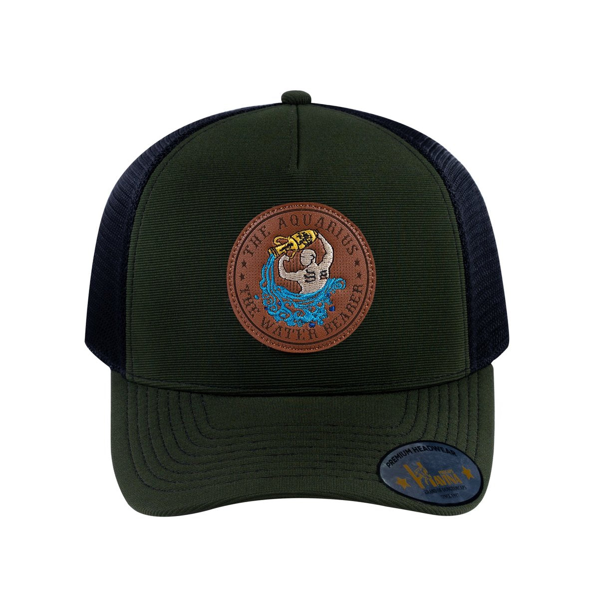 Aquarius Zodiac V2 5-Panel Trucker Hat with Olive front and Black back
