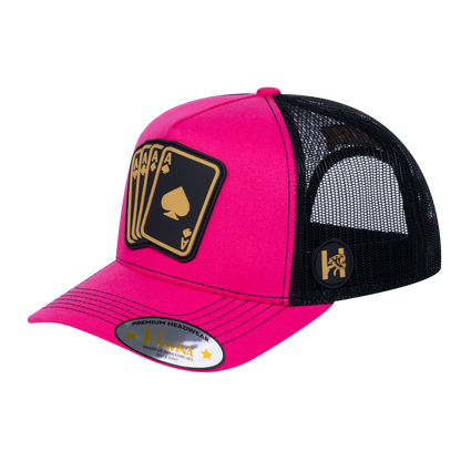 Winner Poker 10JQKA 5-Panel Trucker Hat - Pink front, Black back, WINNER1 - T5-P2304CT-B-WINNER1