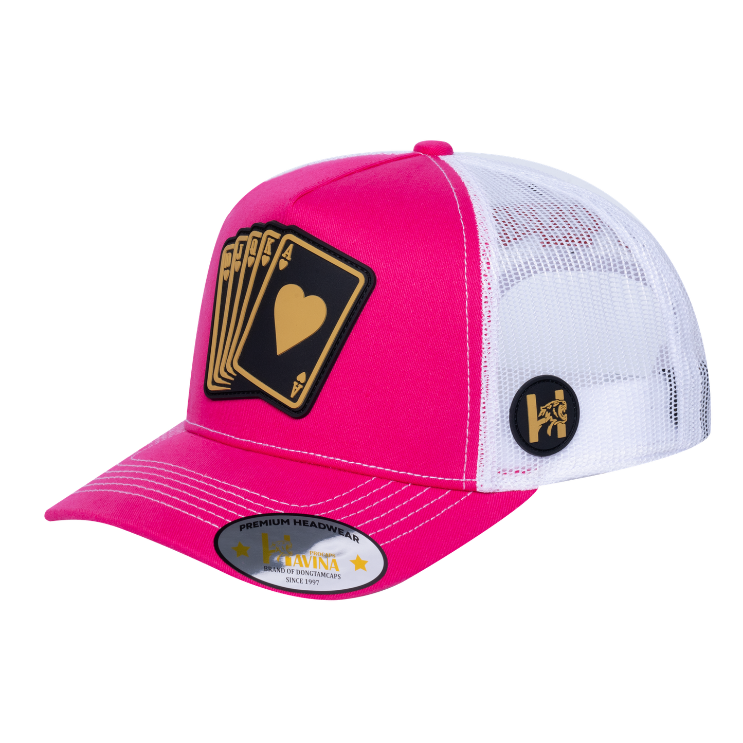 Poker 10JQKA 5-Panel Trucker Hat - Pink front, White back, POKER1 - T5-P2304CT-W-POKER1