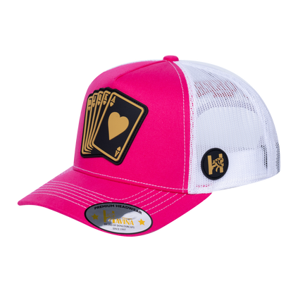 Poker 10JQKA 5-Panel Trucker Hat - Pink front, White back, POKER1 - T5-P2304CT-W-POKER1